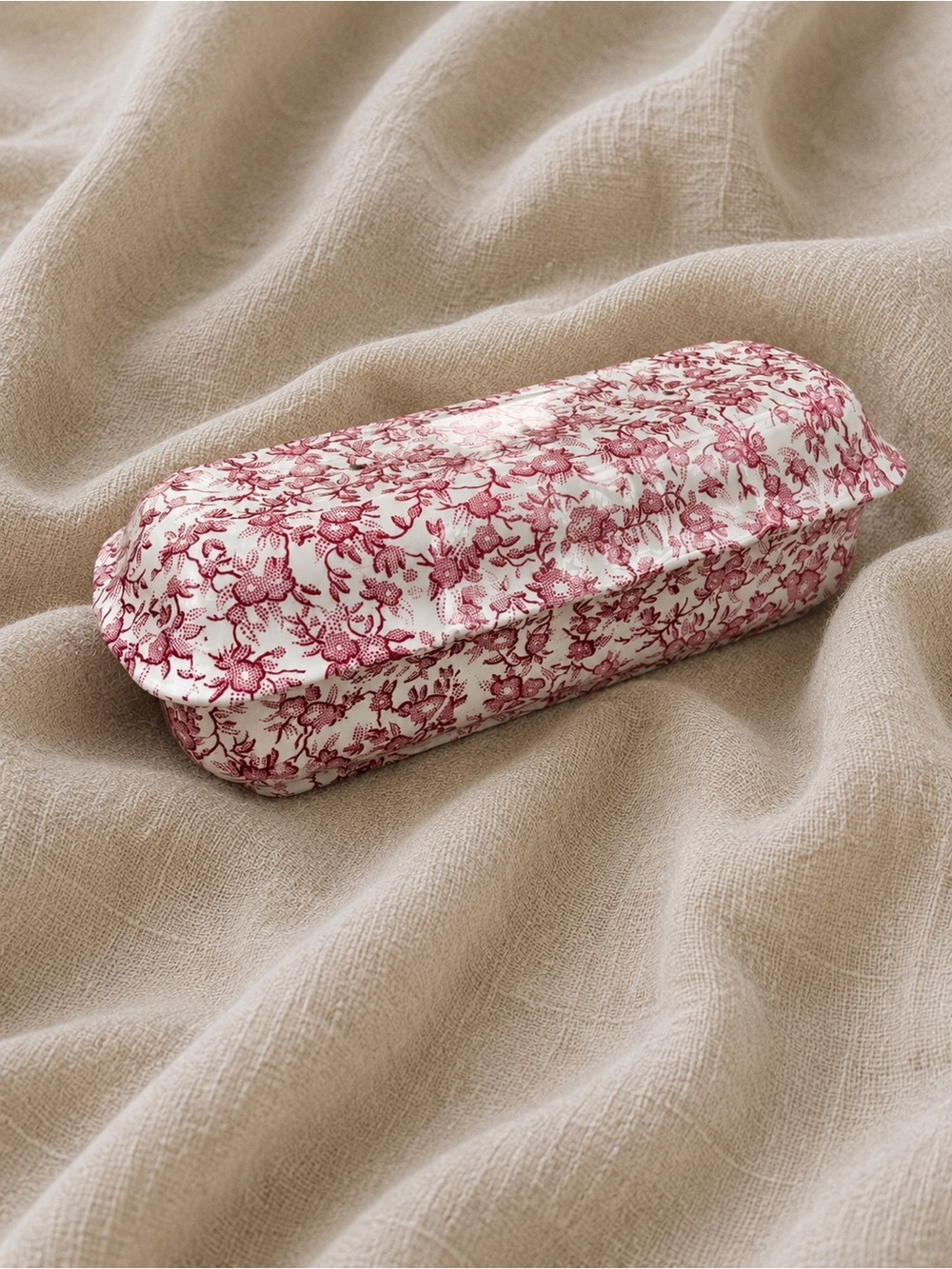 Antique Creil et Montereau Red Transferware Toothbrush Box | French Floral